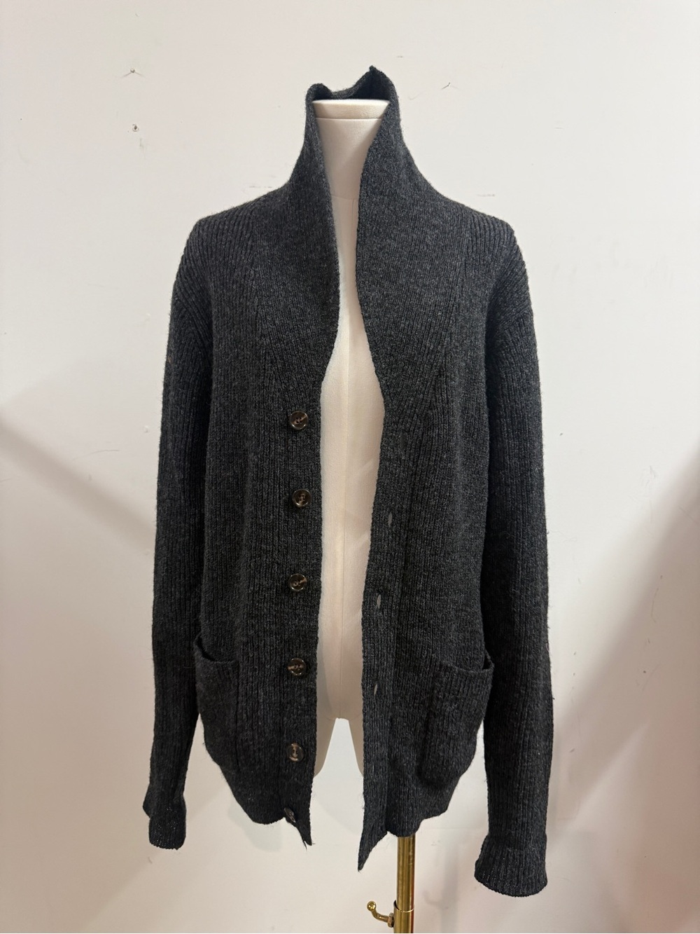 Line of Trade Charcoal Shawl Collar Men’s Cardigan Sweater Shetland Wool